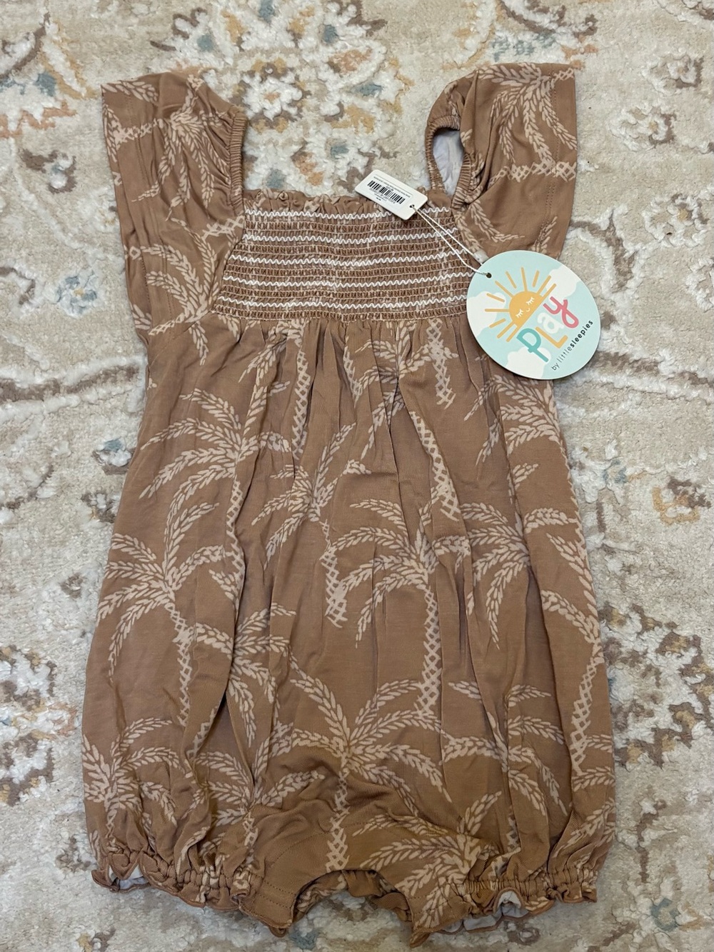 Little Sleepies Smocked Romper in Sandy Palms Print